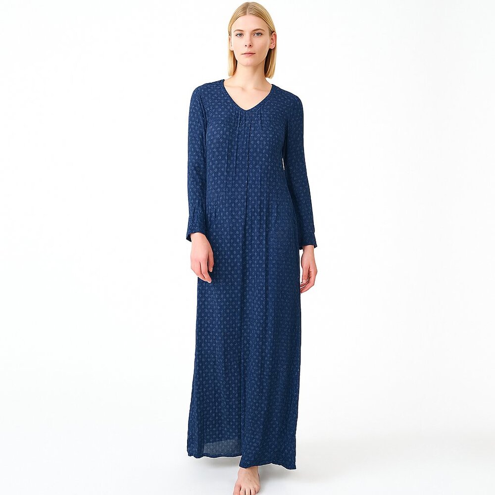 Lucky Brand Floral Crepe Maxi Prairie Dress Long Sleeve Navy Blue Small #A1455